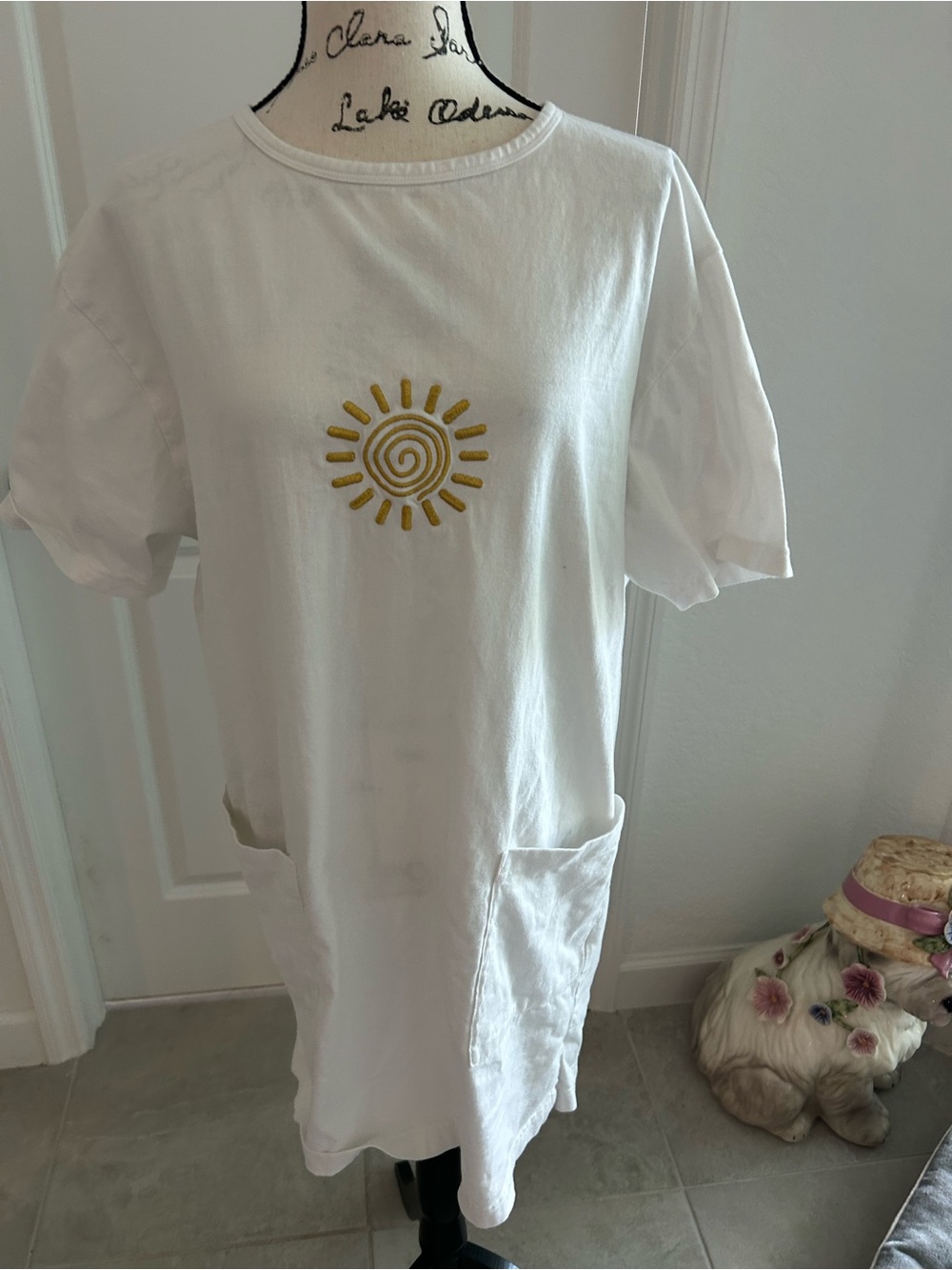 Women’s White Swim Coverup Tunic with Yellow Sun Embroidery